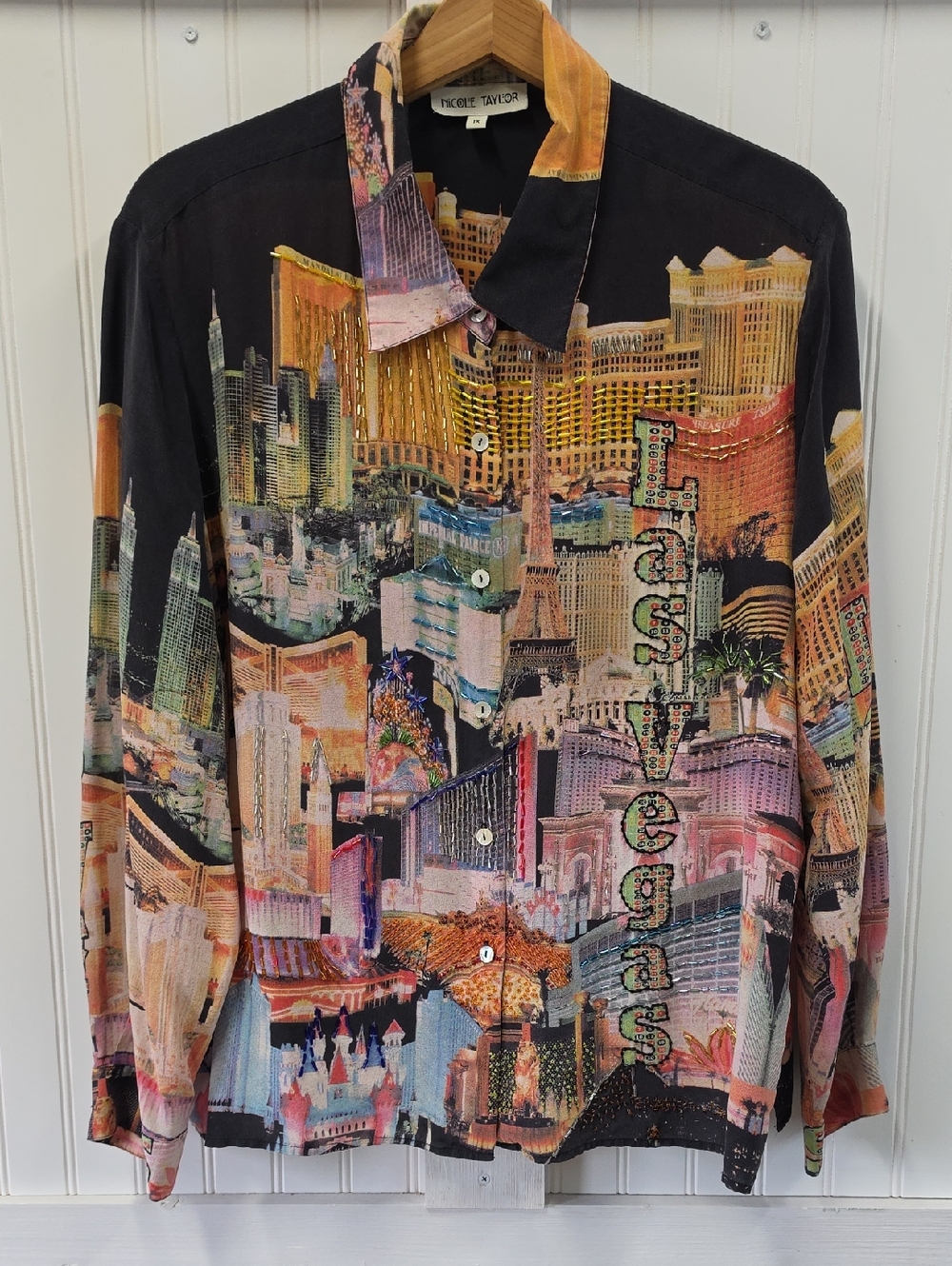 Nicole Taylor Multicolor Las Vegas Cityscape Button Front Beaded Silk Blouse 1X